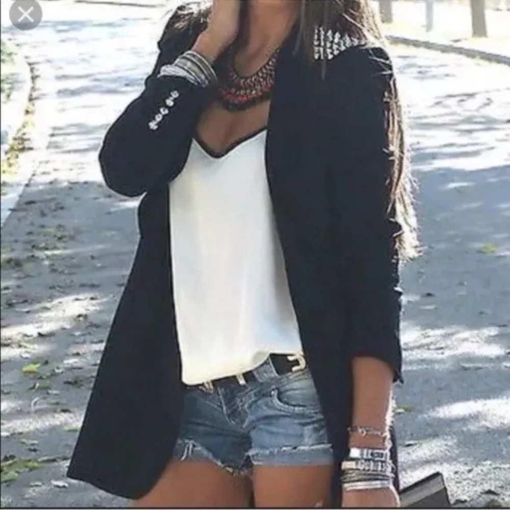 Zara black blazer spike shoulders long open front excellent Size Xs Fits Size s